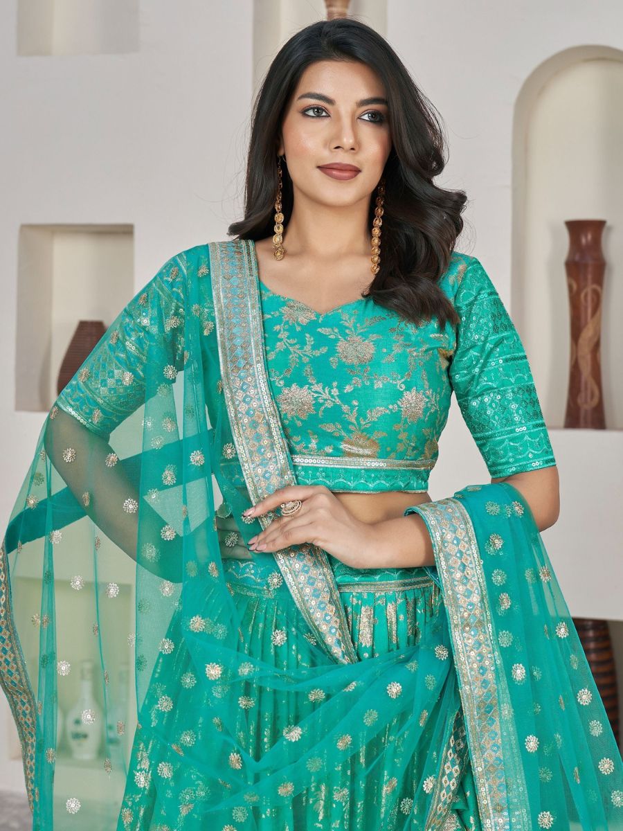 Sea Green Zari Embroidered Banarasi Silk Lehenga - Blouse Front Neck Design