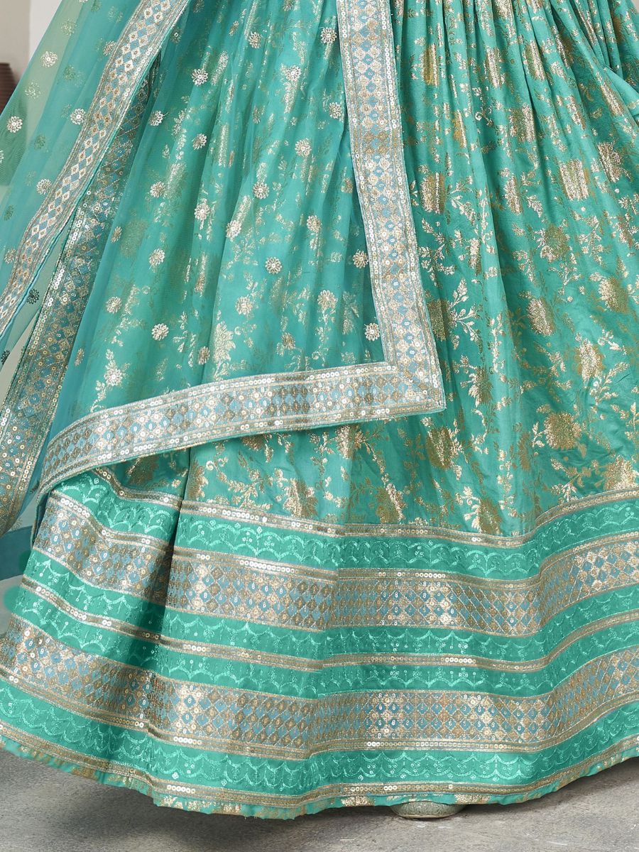 Sea Green Banarasi Silk Lehenga Choli - Zari Embroidery