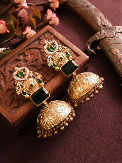 Buy Stylish Green Stone Golden Oxidised Jhumka Earrings Online - TheJewelbox