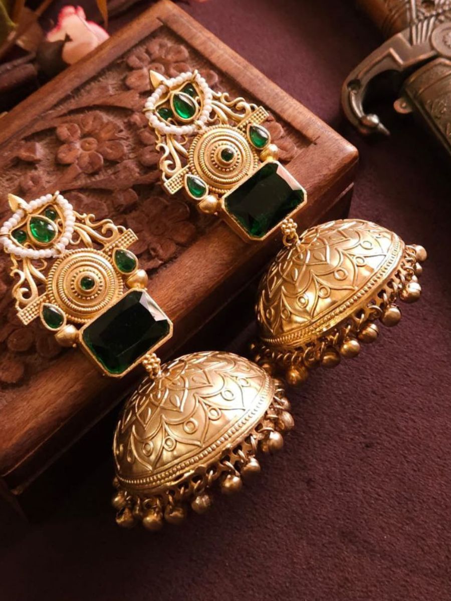 Stylish Green Stone Golden Oxidised Jhumka Earrings