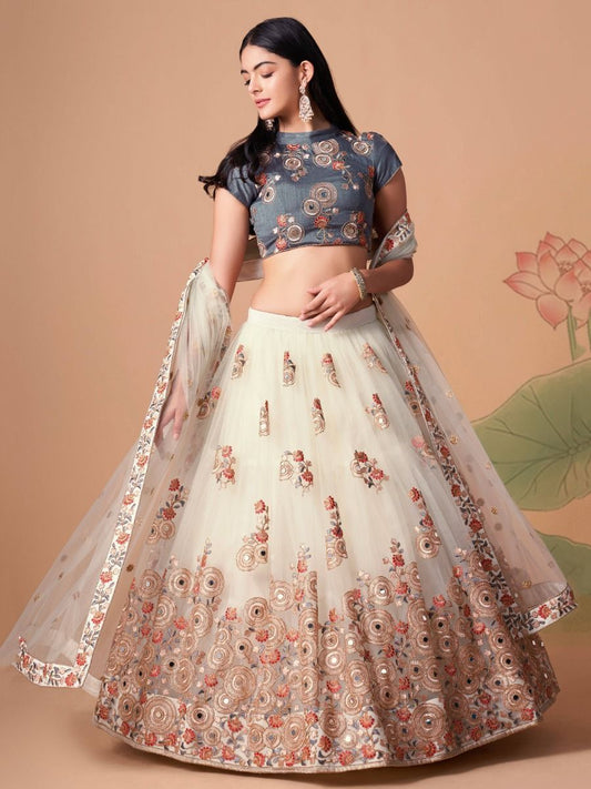 Buy Stylish Ivory Embroidered Party Wear Net Lehenga Choli Online - AllThingsAboutWedding