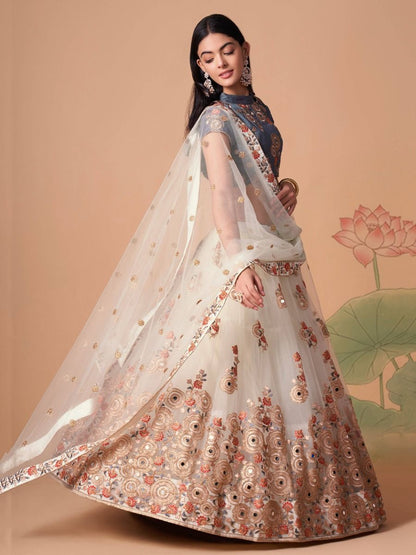 Stylish Ivory Embroidered Party Wear Net Lehenga Choli - Flair