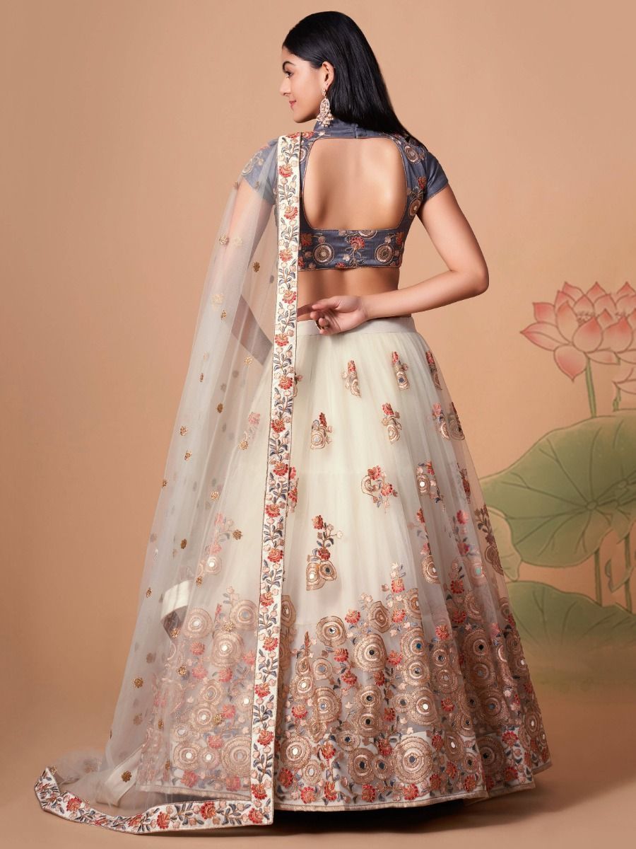 Stylish Ivory Embroidered Party Wear Net Lehenga Choli - Back