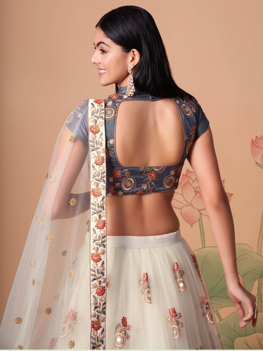 Stylish Ivory Embroidered Party Wear Net Lehenga - Blouse Back Neck