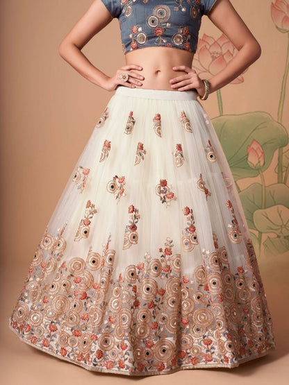 Stylish Ivory Party Wear Net Lehenga - Embroidery Work