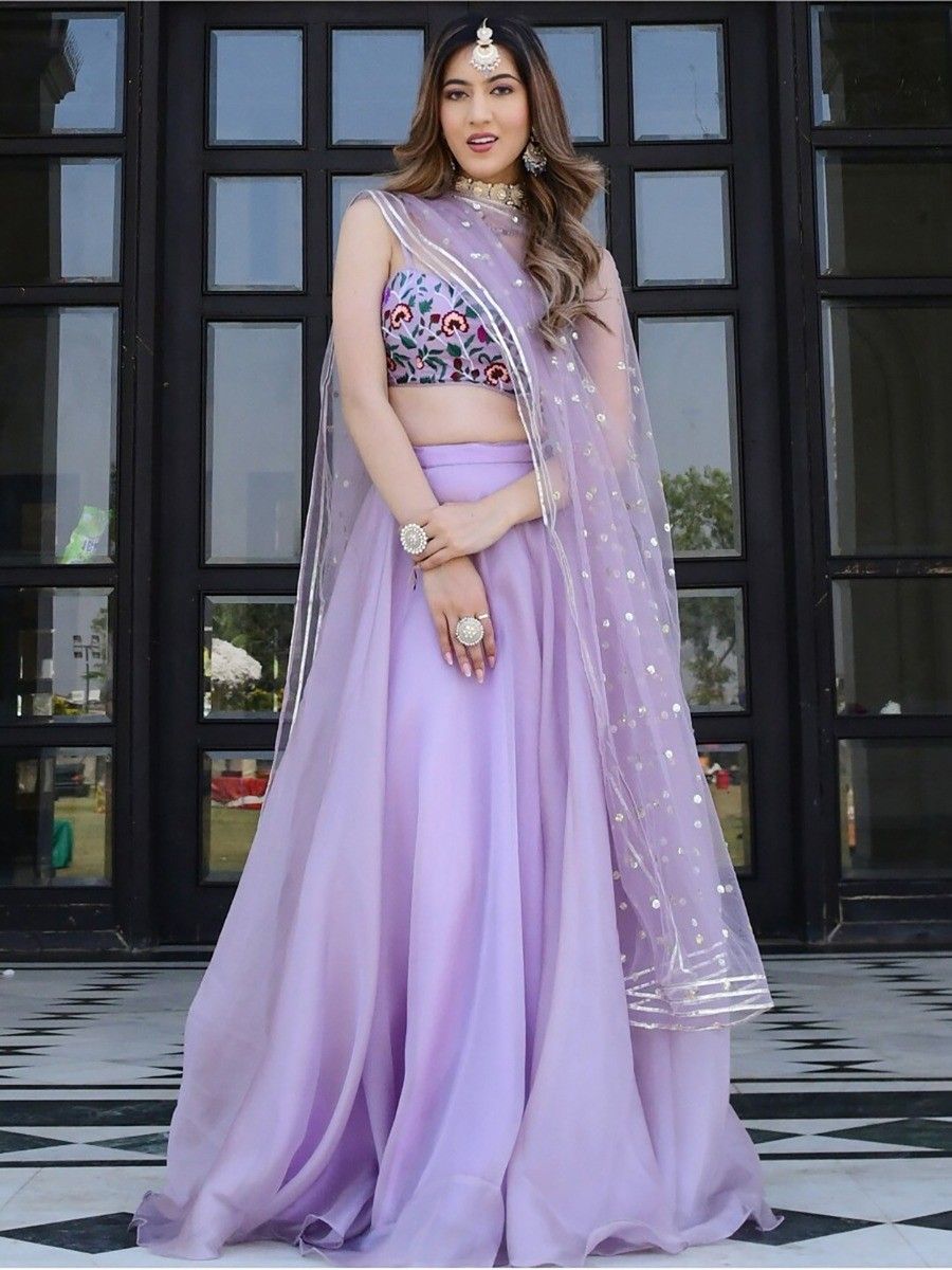 Stylish Lilac Lavender Embroidered Organza Lehenga Choli with Dupatta