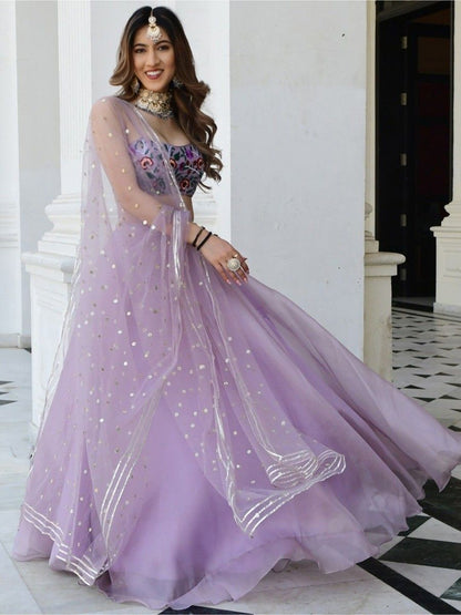 Stylish Lilac Lavender Embroidered Organza Lehenga - Flair