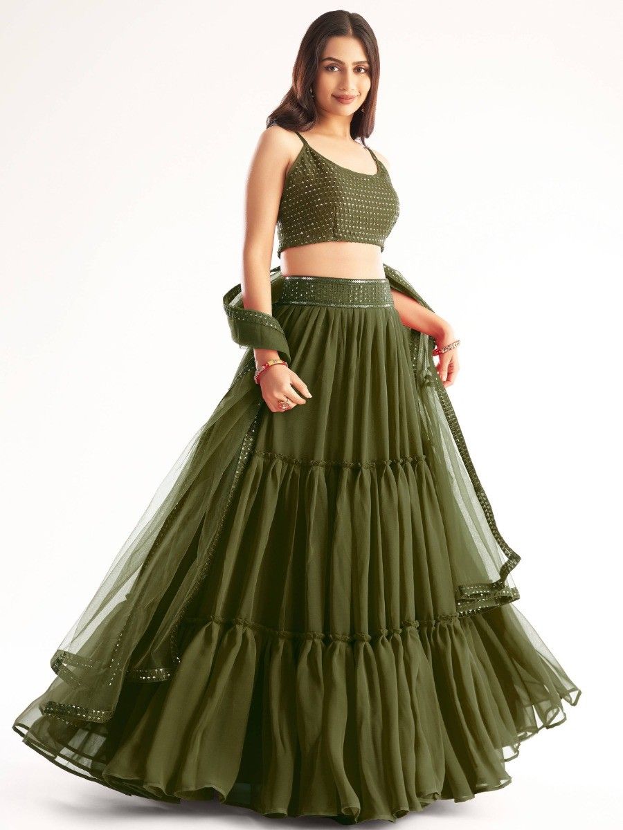 Buy Stylish Mehendi Green Georgette Party Wear Lehenga Choli Online - AllThingsAboutWedding