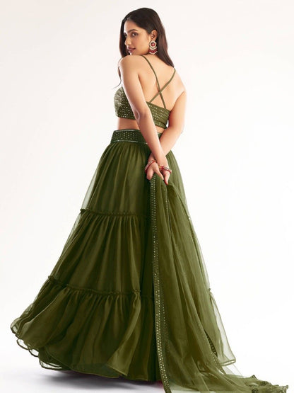 Stylish Mehendi Green Georgette Party Wear Lehenga Choli - Back Side