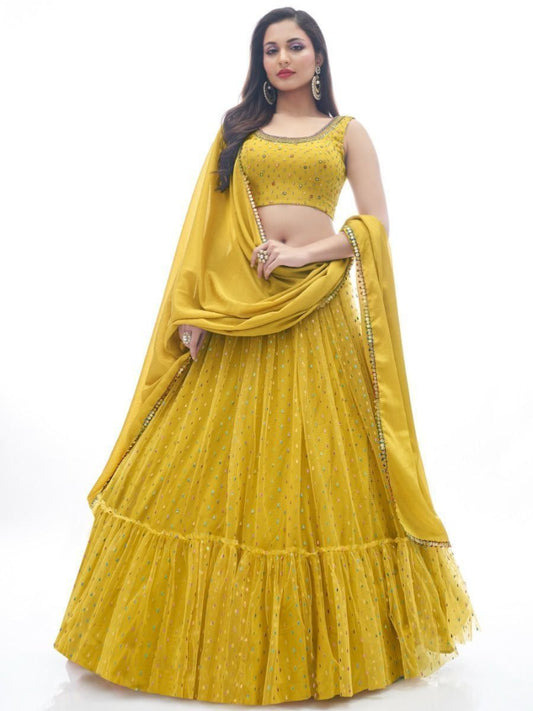 Buy Stylish Mustard Yellow Ruffle Net Party Wear Lehenga Choli Online - AllThingsAboutWedding