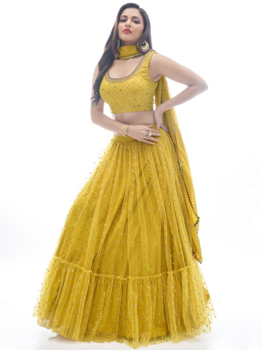 Stylish Mustard Yellow Ruffle Net Party Wear Lehenga Choli - Flair