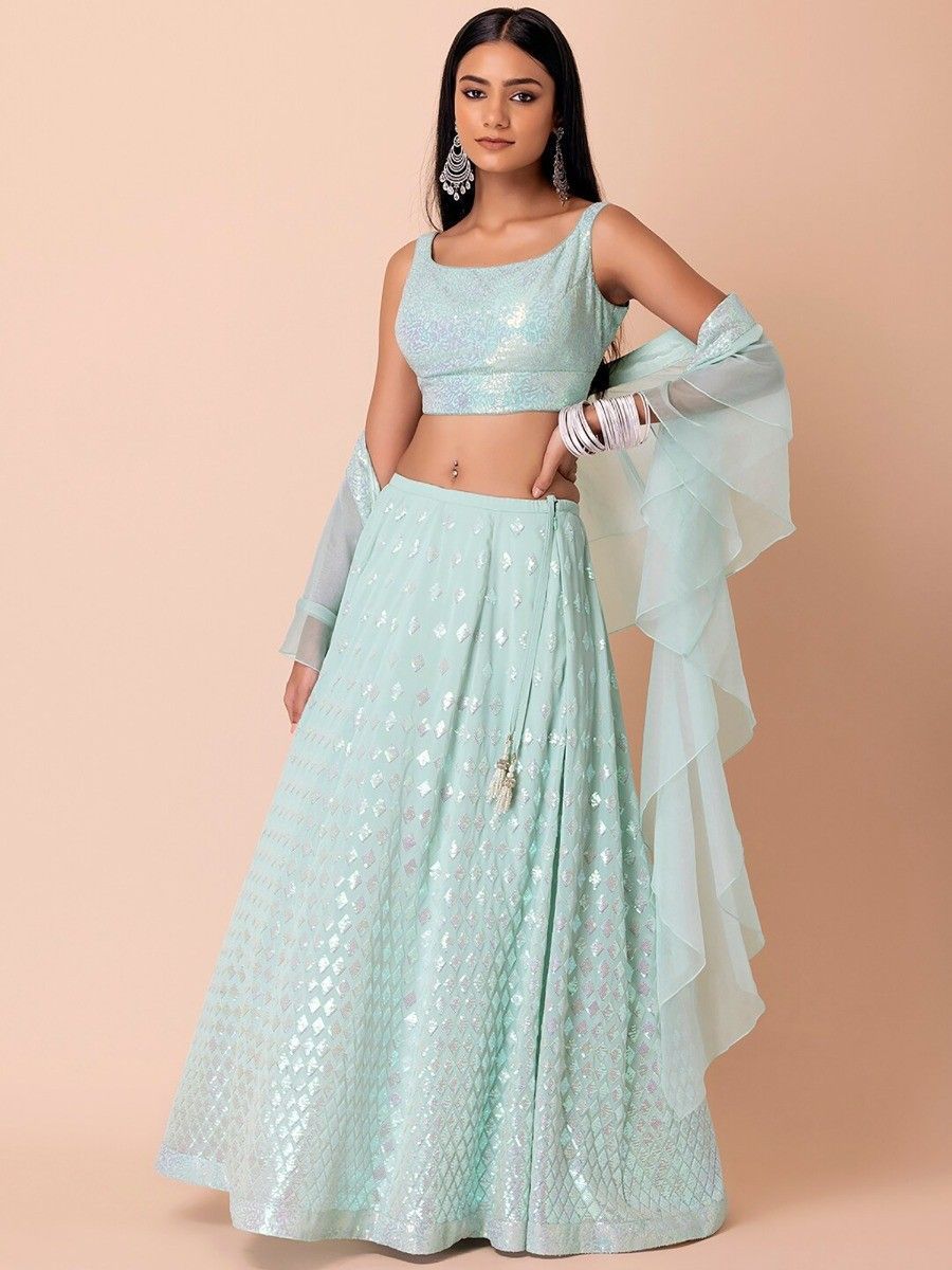 Buy Stylish Powder Blue Sequins Work Georgette Lehenga Choli Online - allThingsAboutWedding