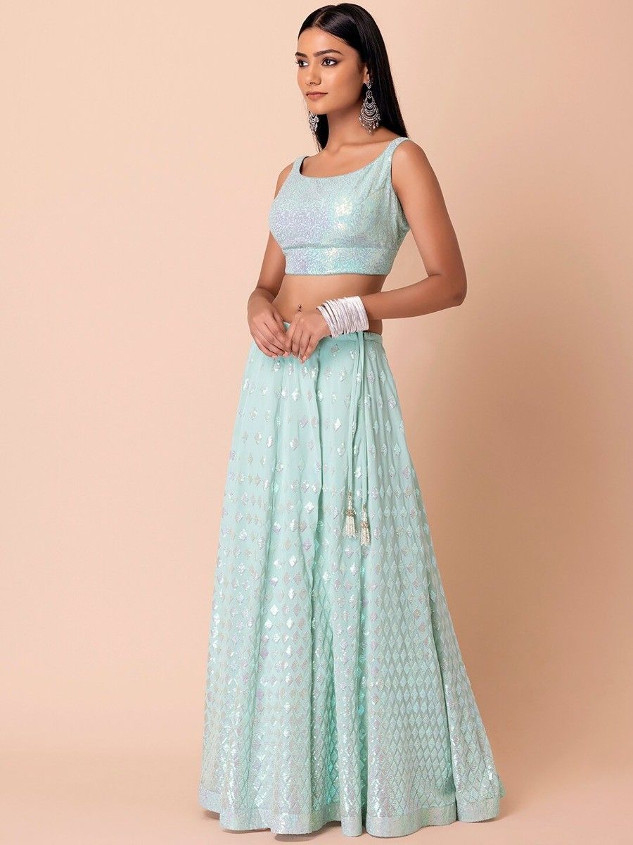 Stylish Powder Blue Sequins Work Georgette Lehenga Choli without Dupatta