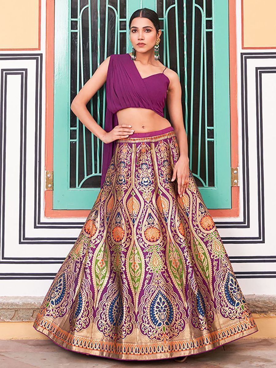 Buy Stylish Purple Zari Weaving Banarasi Silk Crop Top Lehenga Online - AllThingsAboutWedding