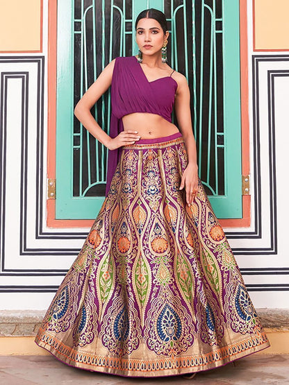 Buy Stylish Purple Zari Weaving Banarasi Silk Crop Top Lehenga Online - AllThingsAboutWedding