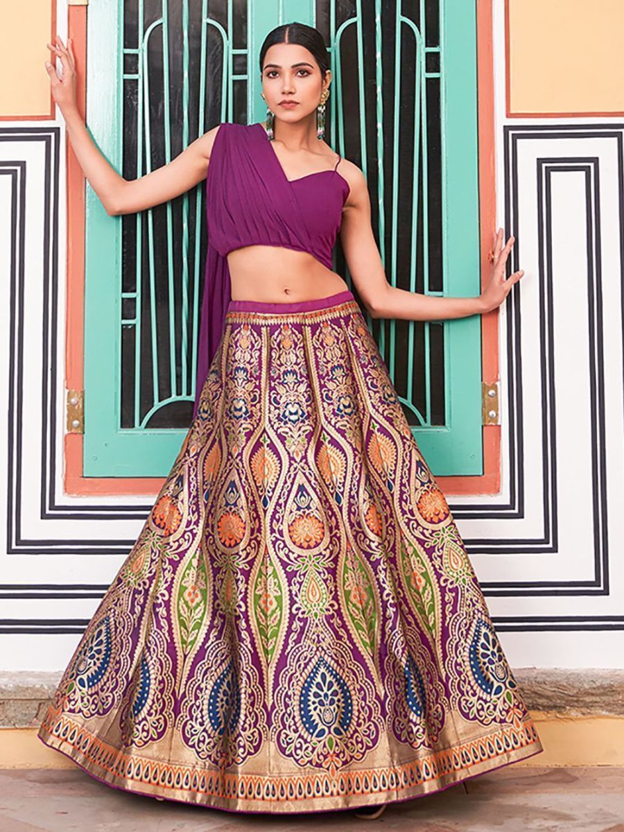 Stylish Purple Zari Weaving Banarasi Silk Crop Top Lehenga - Flair