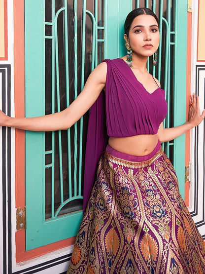 Stylish Purple Zari Weaving Banarasi Silk Lehenga - Crop Top Blouse