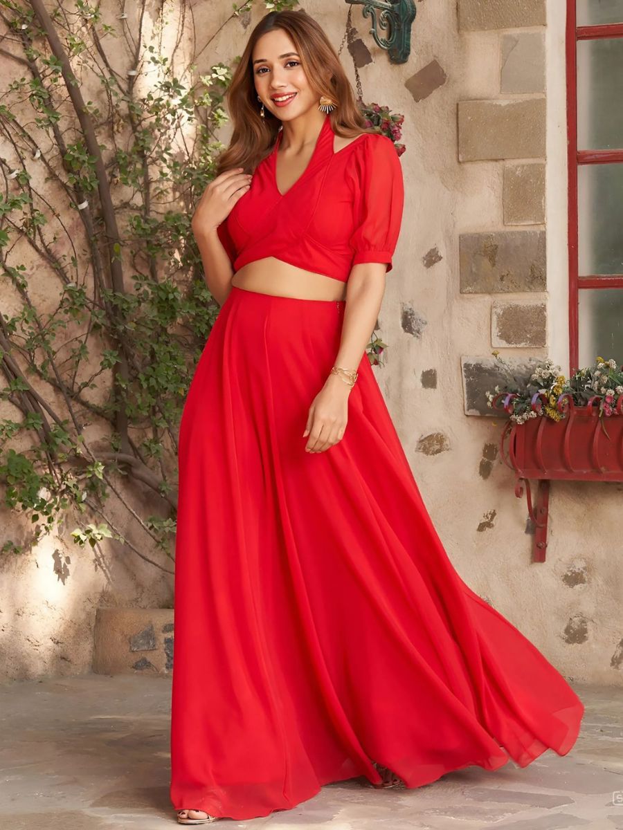 Stylish Red Georgette Party Wear Crop Top Lehenga - Flair