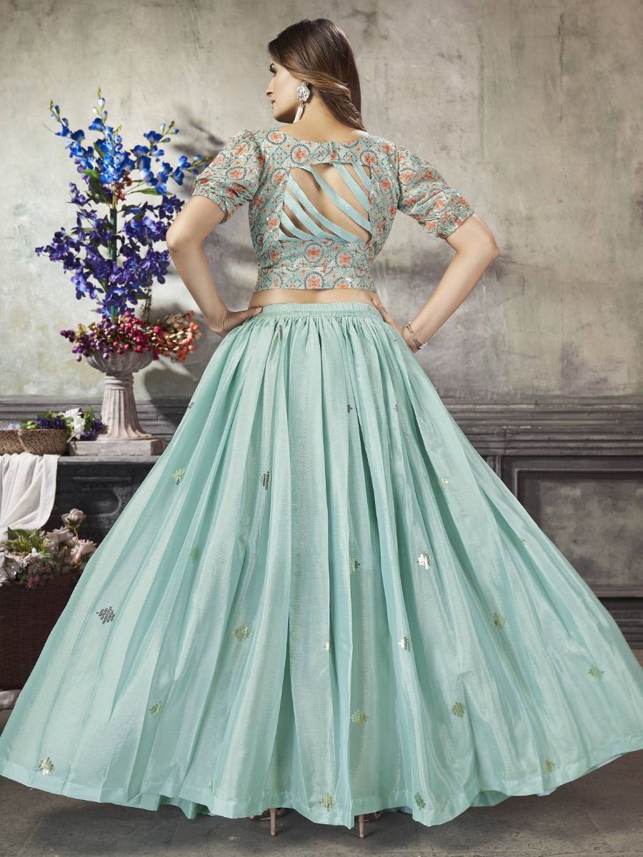 Stylish Sea Green Silk Party Wear Lehenga - Crop Top Back Neck Design