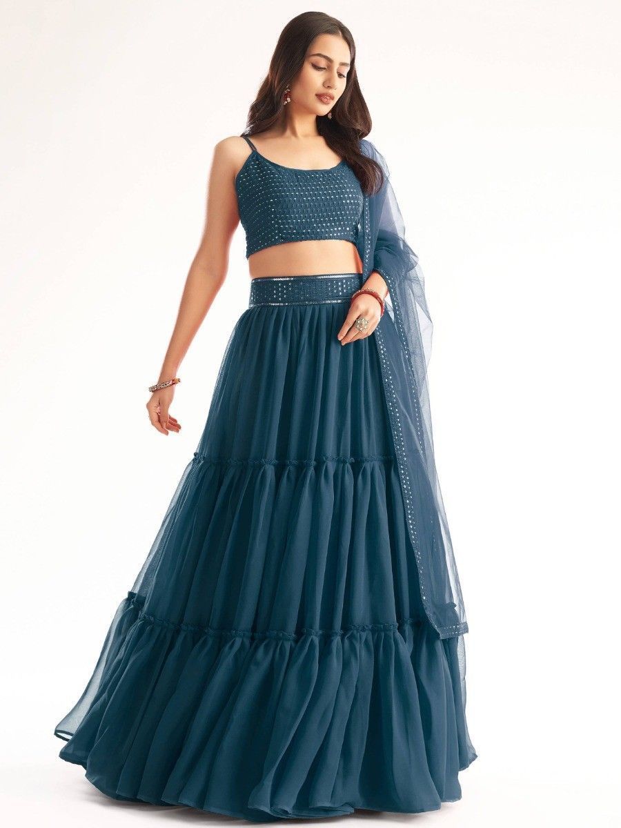 Buy Stylish Teal Blue Party Wear Sequins Georgette Lehenga Choli Online - AllThingsAboutWedding