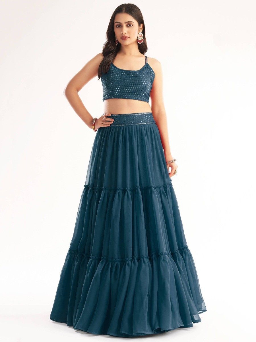 Stylish Teal Blue Party Wear Sequins Georgette Lehenga Choli