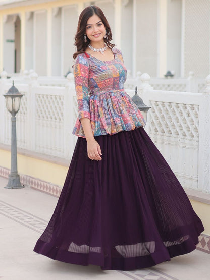 Buy Stylish Wine Crushed Georgette Peplum Crop Top Lehenga Online - AllThingsAboutWedding