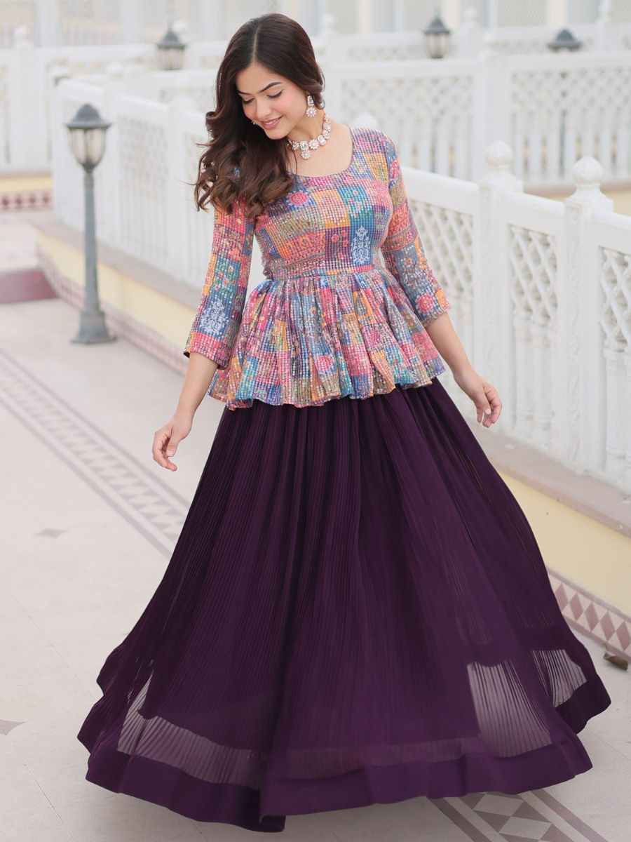 Stylish Wine Crushed Georgette Peplum Crop Top Lehenga - Flair