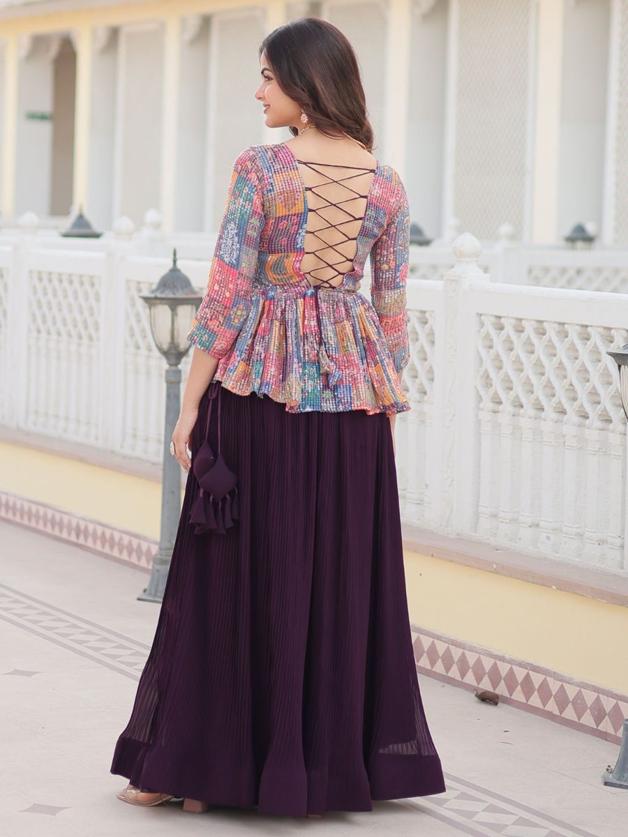 Stylish Wine Crushed Georgette Peplum Crop Top Lehenga - Back Side