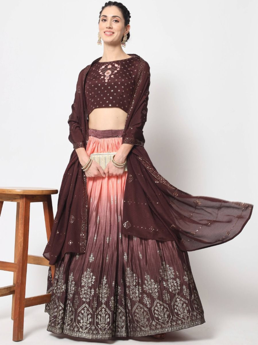 Buy Tanned Peach and Brown Foil Work Silk Lehenga Choli Online - AllThingsAboutWedding