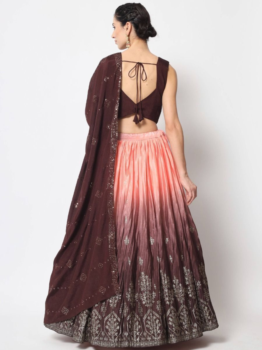 Tanned Peach and Brown Foil Work Silk Lehenga Choli - Back Side