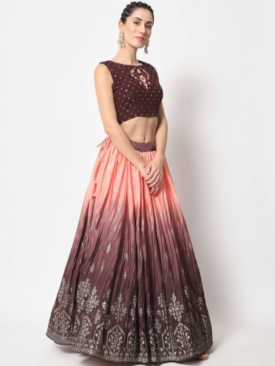 Tanned Peach and Brown Foil Work Silk Lehenga Choli without Dupatta