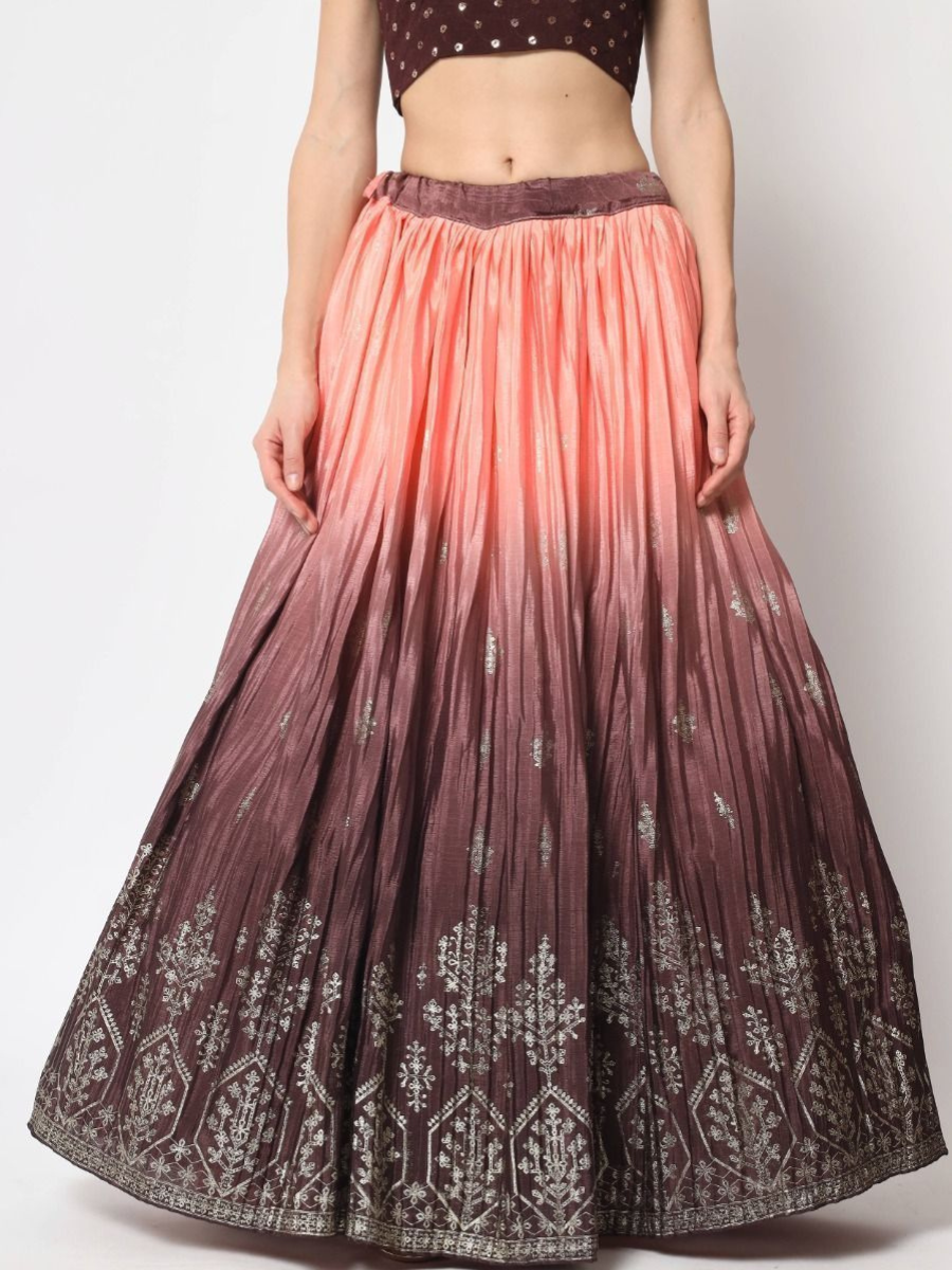 Tanned Peach and Brown Silk Lehenga Choli - Foil Print