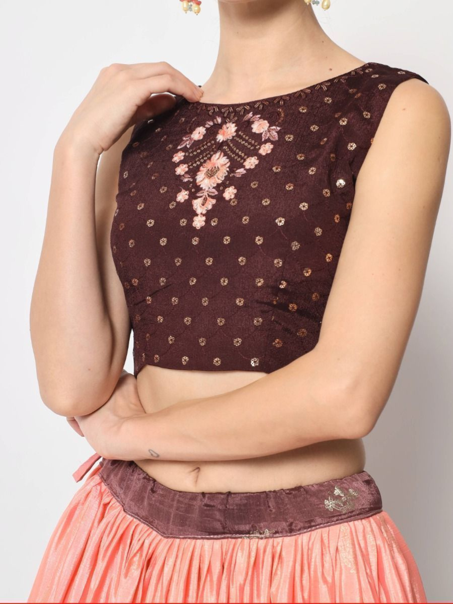 Tanned Peach and Brown Foil Work Silk Lehenga - Blouse Embroidery