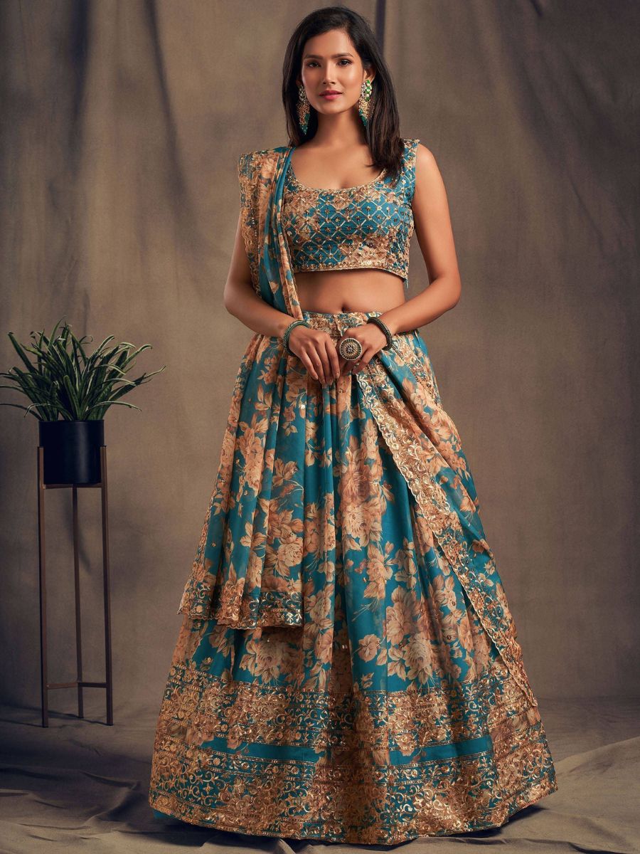 Buy Teal Blue Floral Printed Organza Wedding Lehenga Choli Online - AllThingsAboutWedding