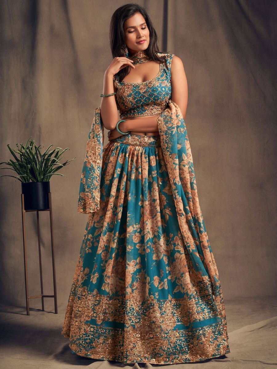 Buy Teal Blue Floral Printed Organza Wedding Lehenga Choli