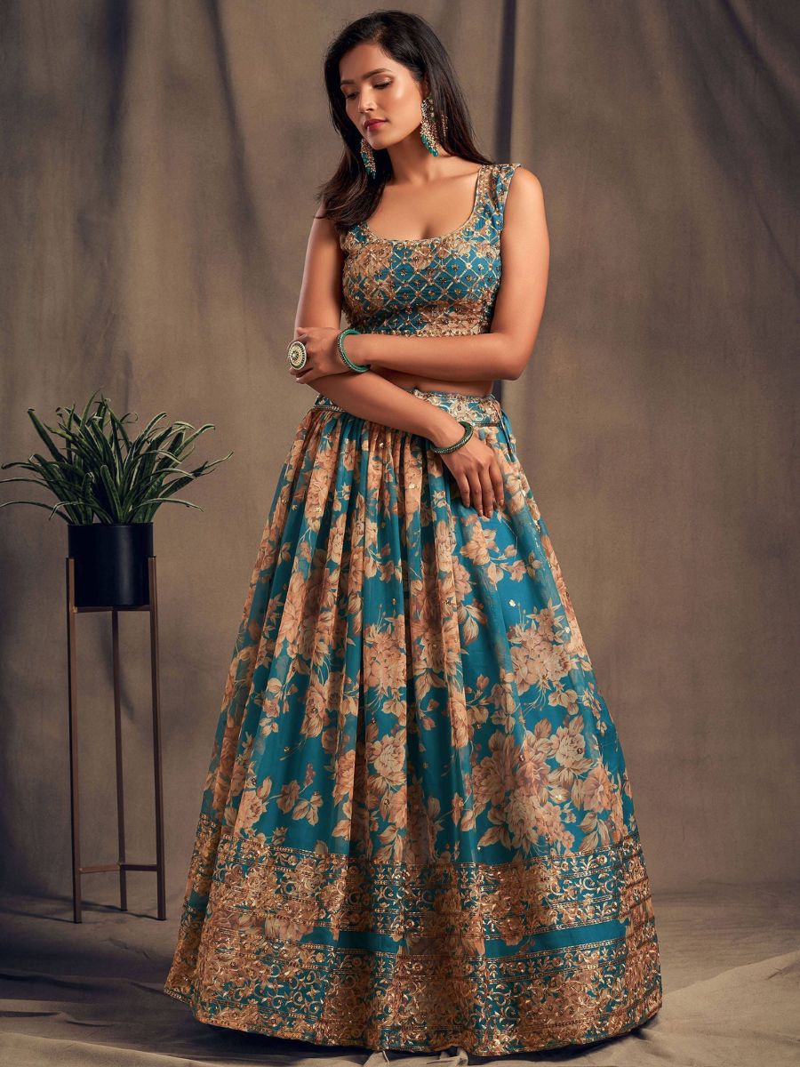 Buy Teal Blue Floral Printed Organza Wedding Lehenga Choli Online