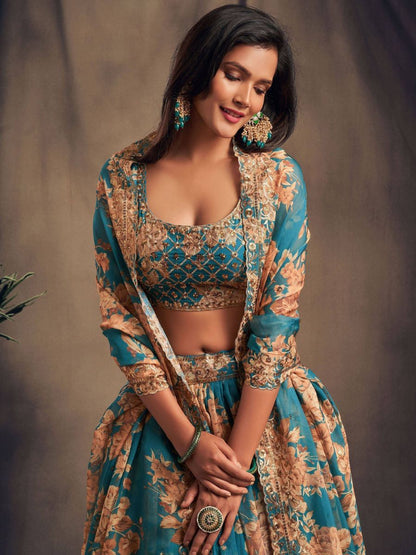 Buy Teal Blue Floral Printed Organza Wedding Lehenga Choli Online