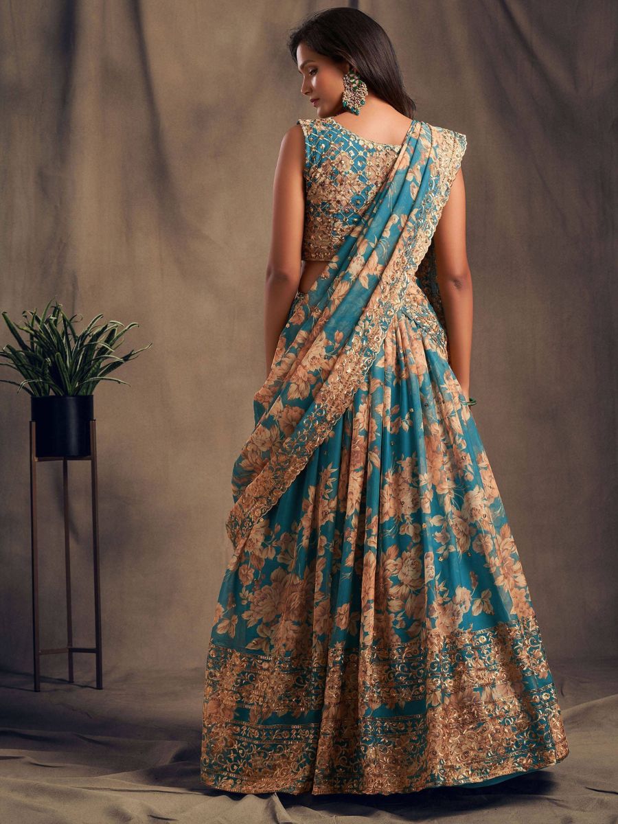 Buy Teal Blue Floral Printed Organza Wedding Lehenga Choli Online