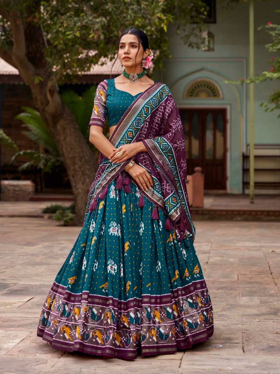 Buy Teal Green Patola Printed Tussar Silk Gharchola Lehenga Choli Online - AllThingsAboutWedding