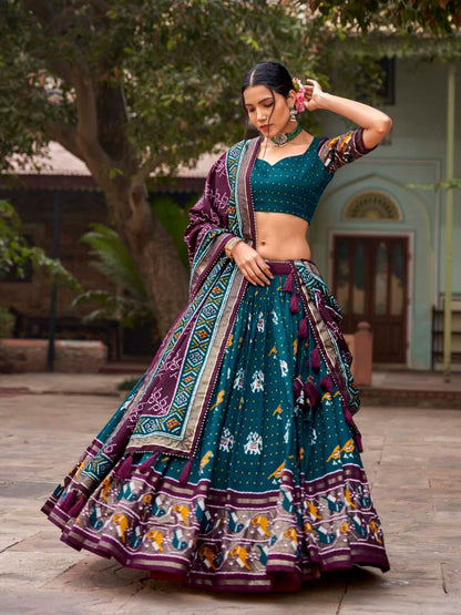 Teal Green Patola Printed Tussar Silk Gharchola Lehenga Choli