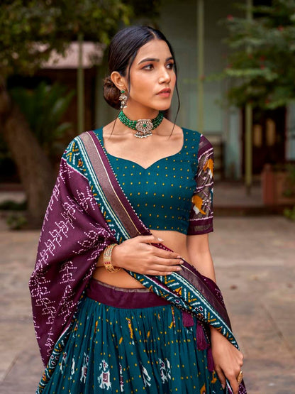 Teal Green Patola Printed Tussar Silk Gharchola Lehenga Choli