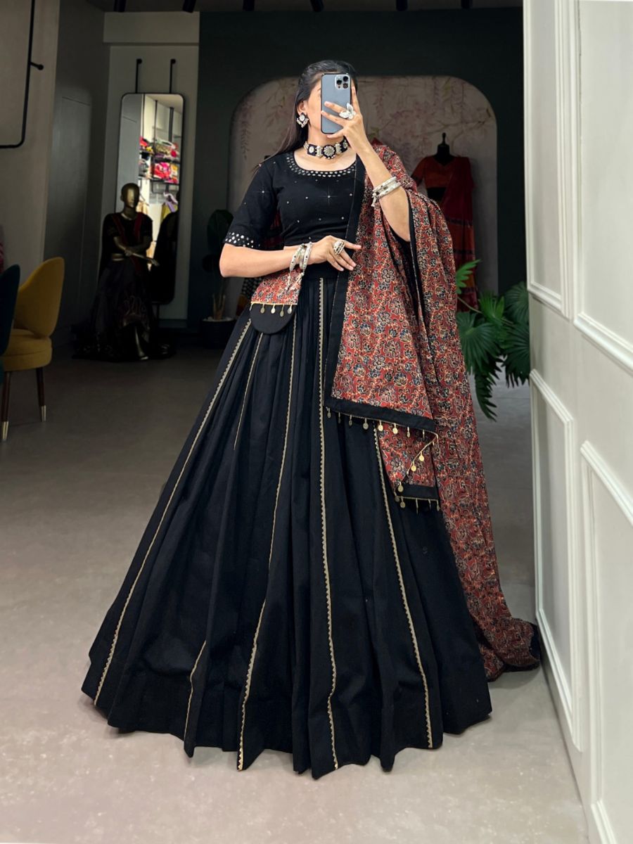 Buy Traditional Black Color Plain Cotton Chaniya Choli with Printed Dupatta Online - AllThingsAboutWedding