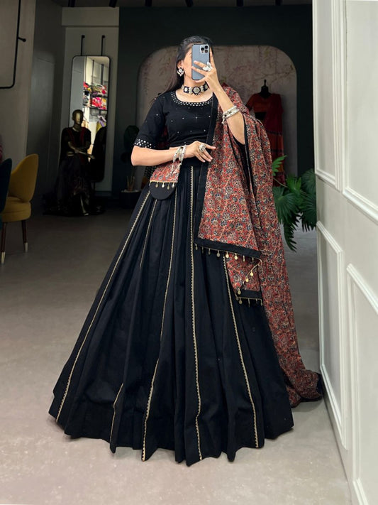 Buy Traditional Black Color Plain Cotton Chaniya Choli with Printed Dupatta Online - AllThingsAboutWedding