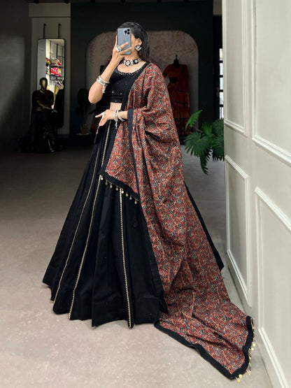 Traditional Black Color Plain Cotton Chaniya Choli - Red Printed Dupatta 