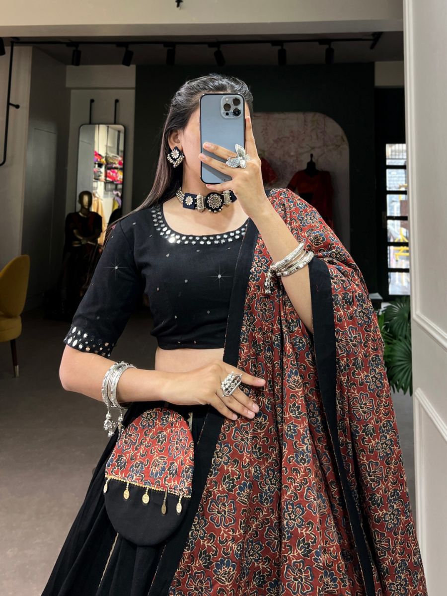 Traditional Plain Cotton Navratri Chaniya Choli with Printed Dupatta - Black Mirror Work Blouse