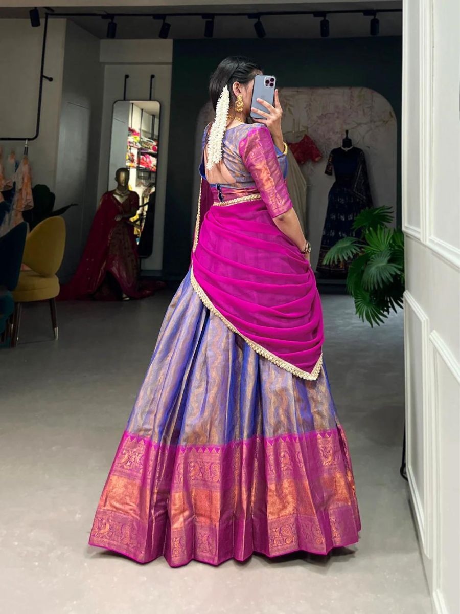 Traditional Blue and Pink Pleated Kanjivaram Half Lehenga Saree - Back Side