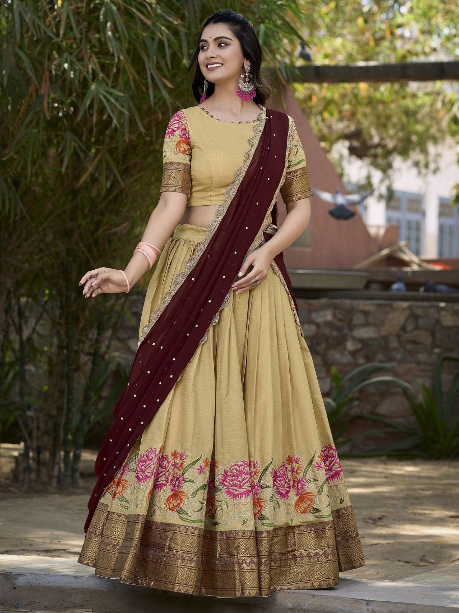 Buy Traditional Cream and Maroon Cotton Half Lehenga Saree Online - AllThingsAboutWedding