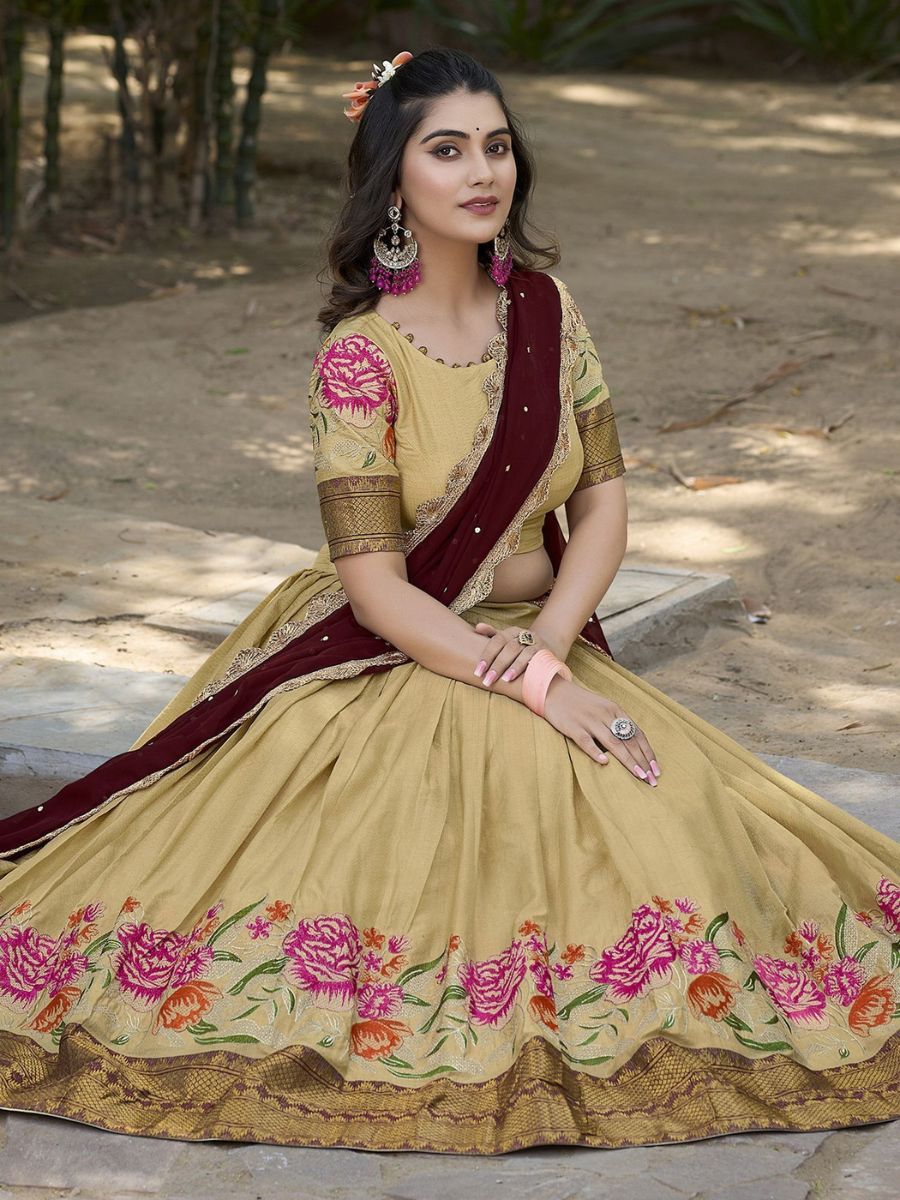 Traditional Cream and Maroon Cotton Half Lehenga Saree - Flair