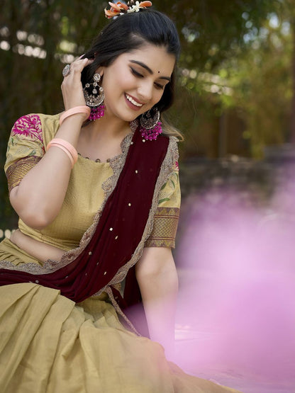 Traditional Cream and Maroon Cotton Half Lehenga Saree - Blouse Front Neck