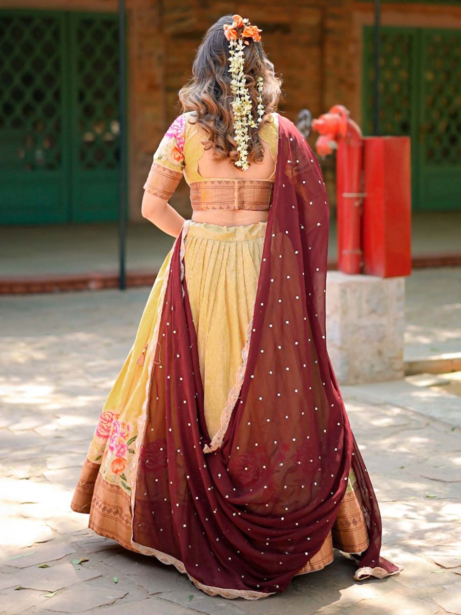 Traditional Cream and Maroon Cotton Half Lehenga Saree - Back